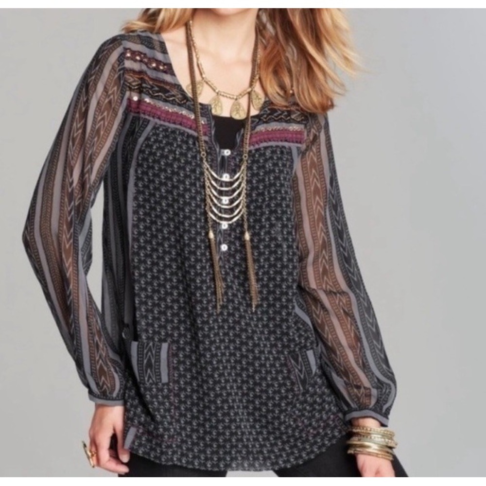 Free people Feather in the Wind Beaded Chiffon Sheer Blouse Shirt Womens Size M